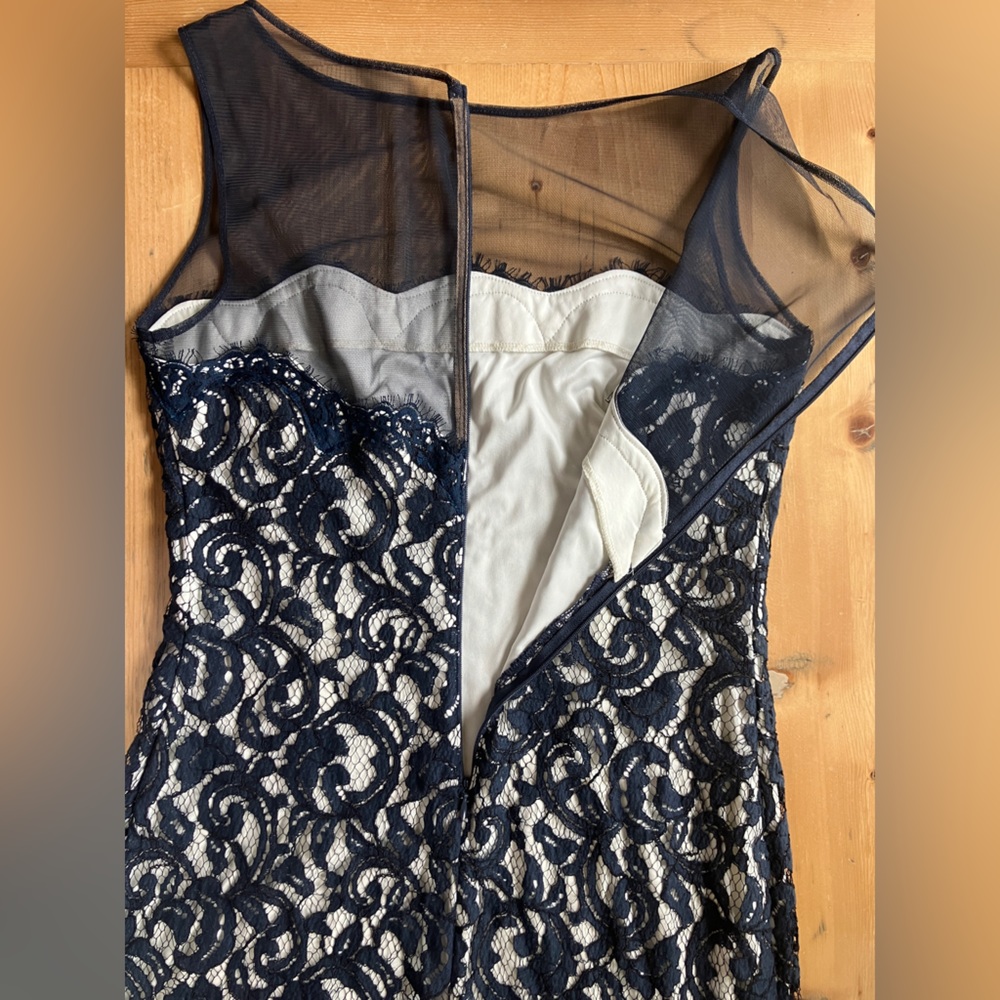 Vintage Tadashi Shoji Formal Mesh Illusion Neckline Sleeveless Blue Lace Dress 4 - Picture 12 of 15